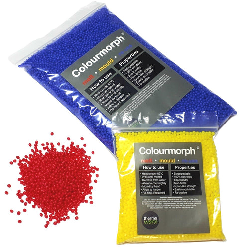 Hand mouldable thermoplastic plastic polymer. Low temperature morph material for crafts, diy, cosplay and more. Coloured Polymorph morph smart material. Fix, repair and make.